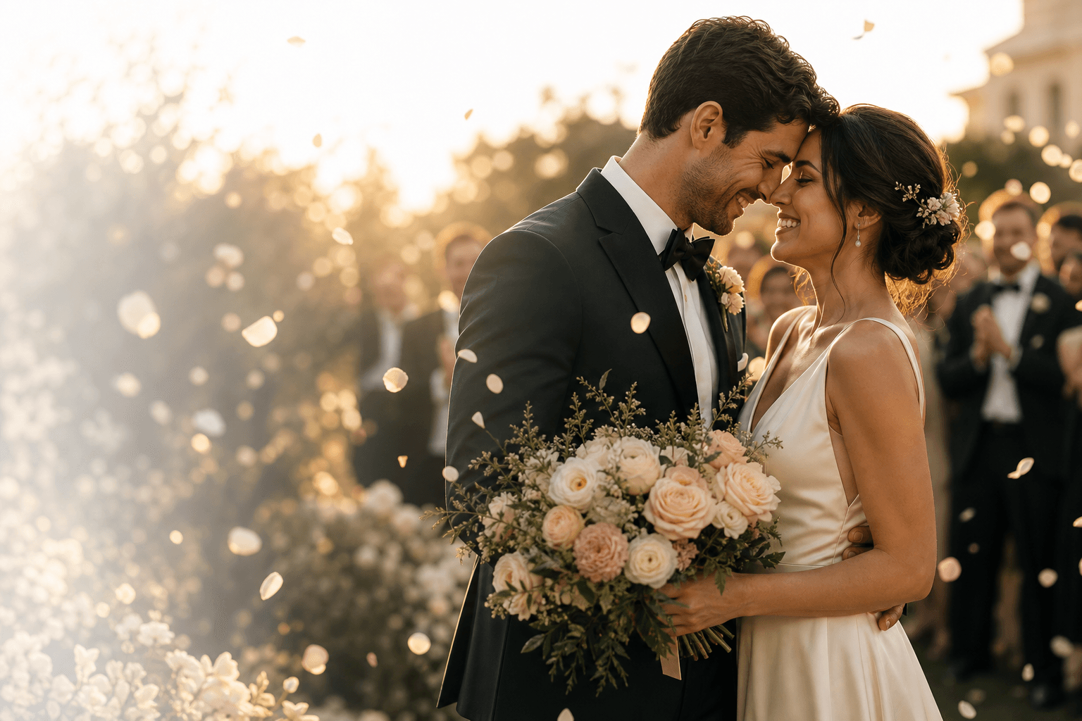 A newlywed couple sharing a joyful moment as their guests celebrate