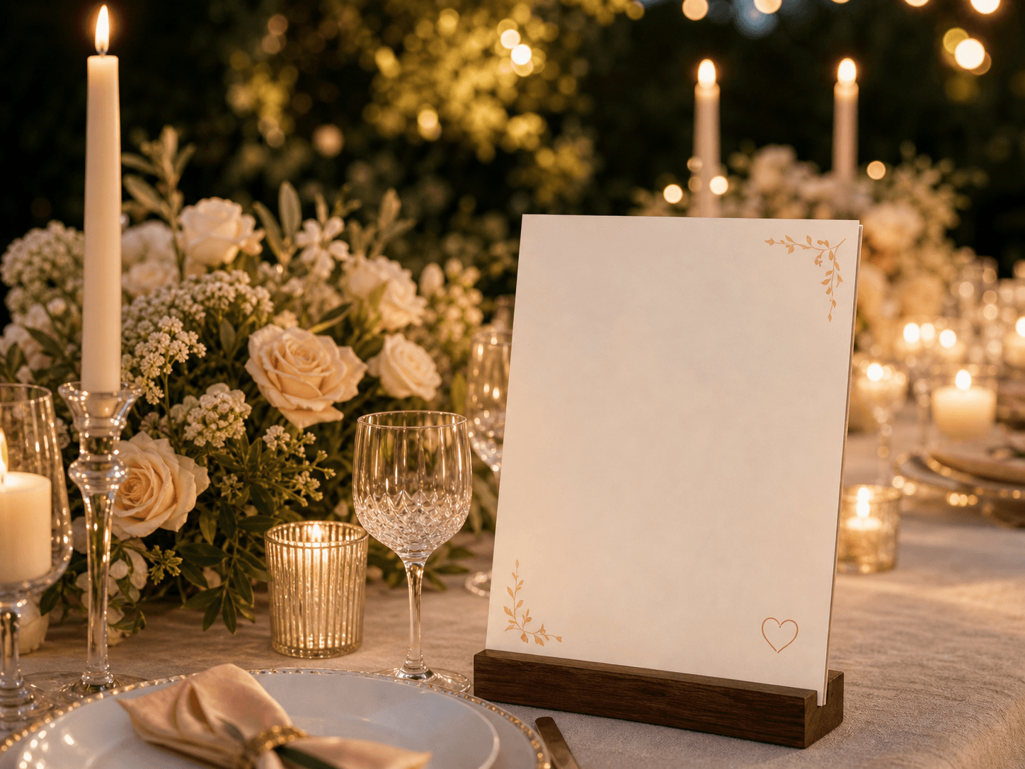 An elegant Story Station card on a candlelit wedding reception table
