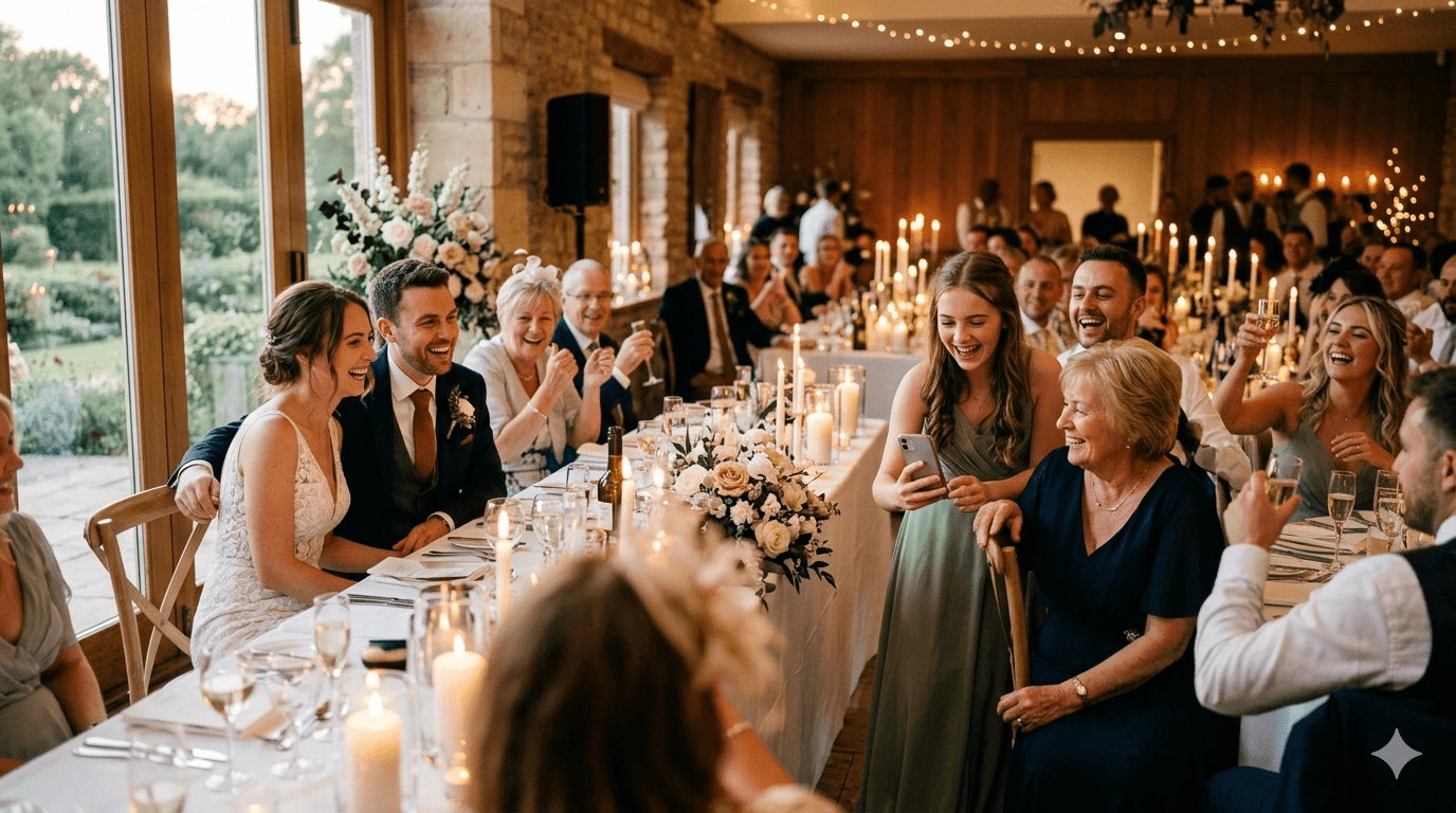 Guests sharing a joyful moment at a candlelit wedding reception